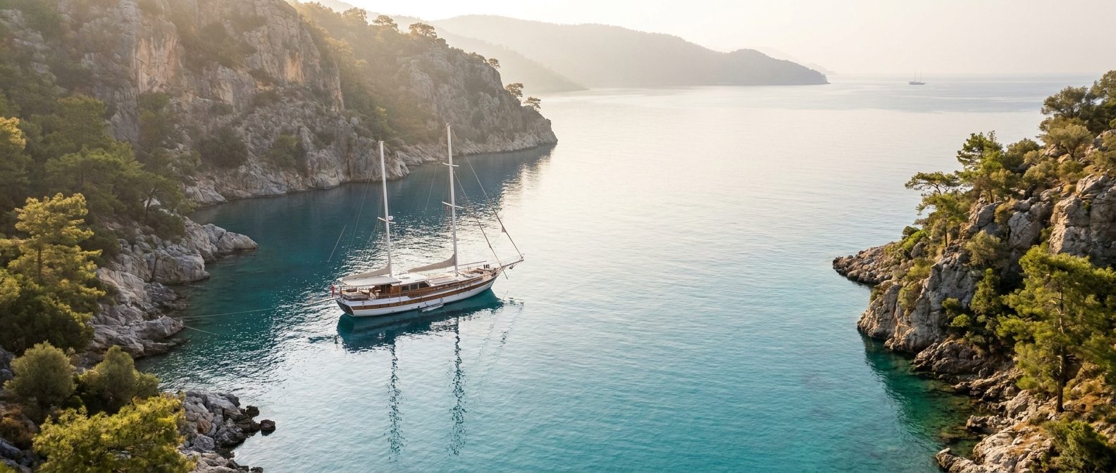 A yacht anchored in a clear-water hidden cove around Bodrum
